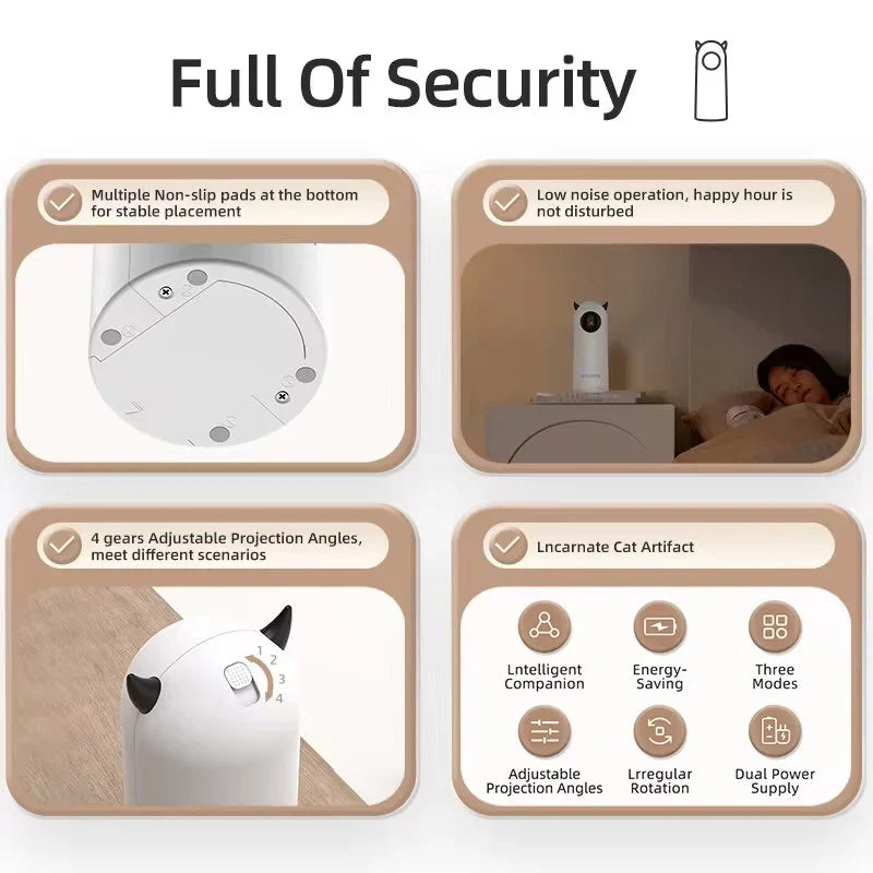 Product features with text highlighting security and convenience, including non-slip pads, low noise operation, adjustable projection angles, and a cat artifact.