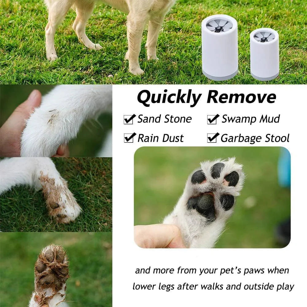 Pet paw cleaner with images of a dog's paw before and after cleaning, on grass.