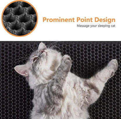 Cat lying on a textured mat with a close-up of the mat's design and text 'Prominent Point Design' and 'Massage your sleeping cat'.