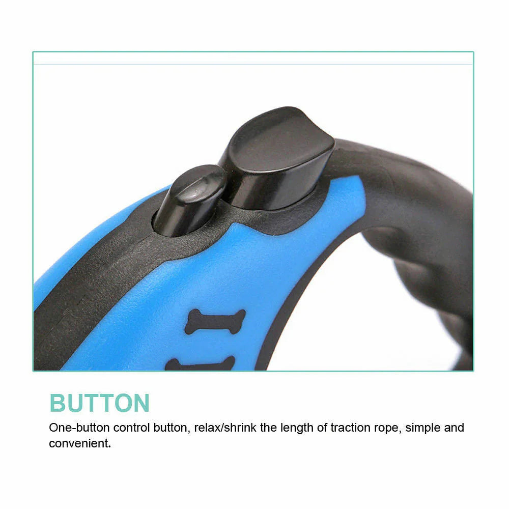 Close-up of a blue and black dog leash with a button labeled 'One-button control button'.