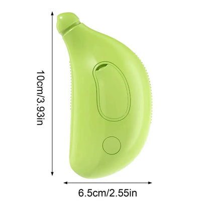 Green handheld device with dimensions indicated on a white background