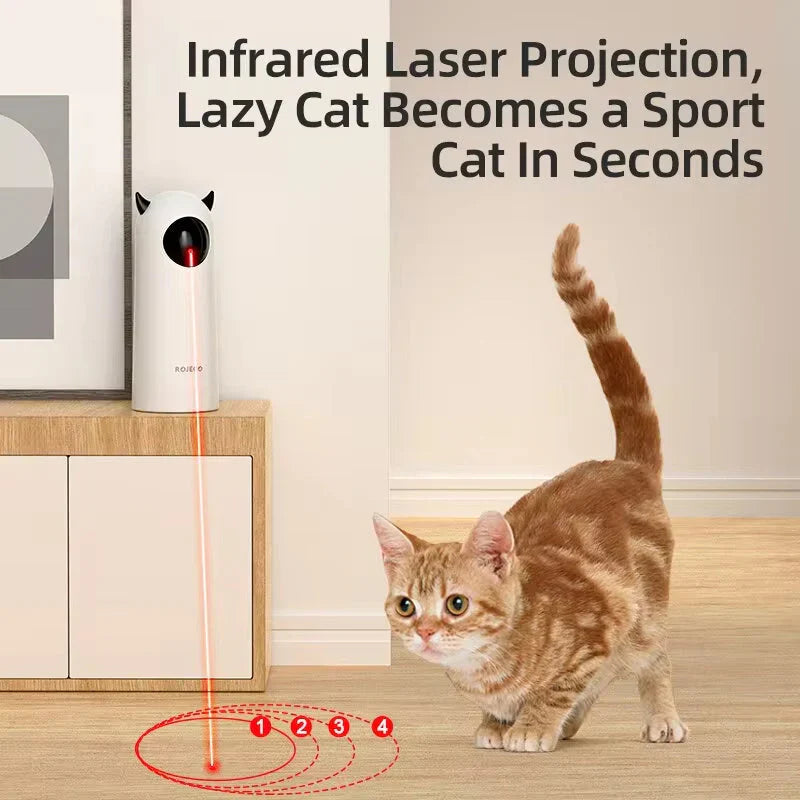 Cat playing with an infrared laser pointer device on a wooden floor.