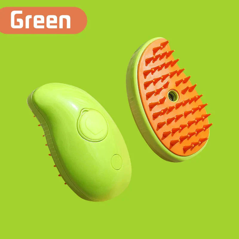 Green grooming tool with orange bristles on a green background