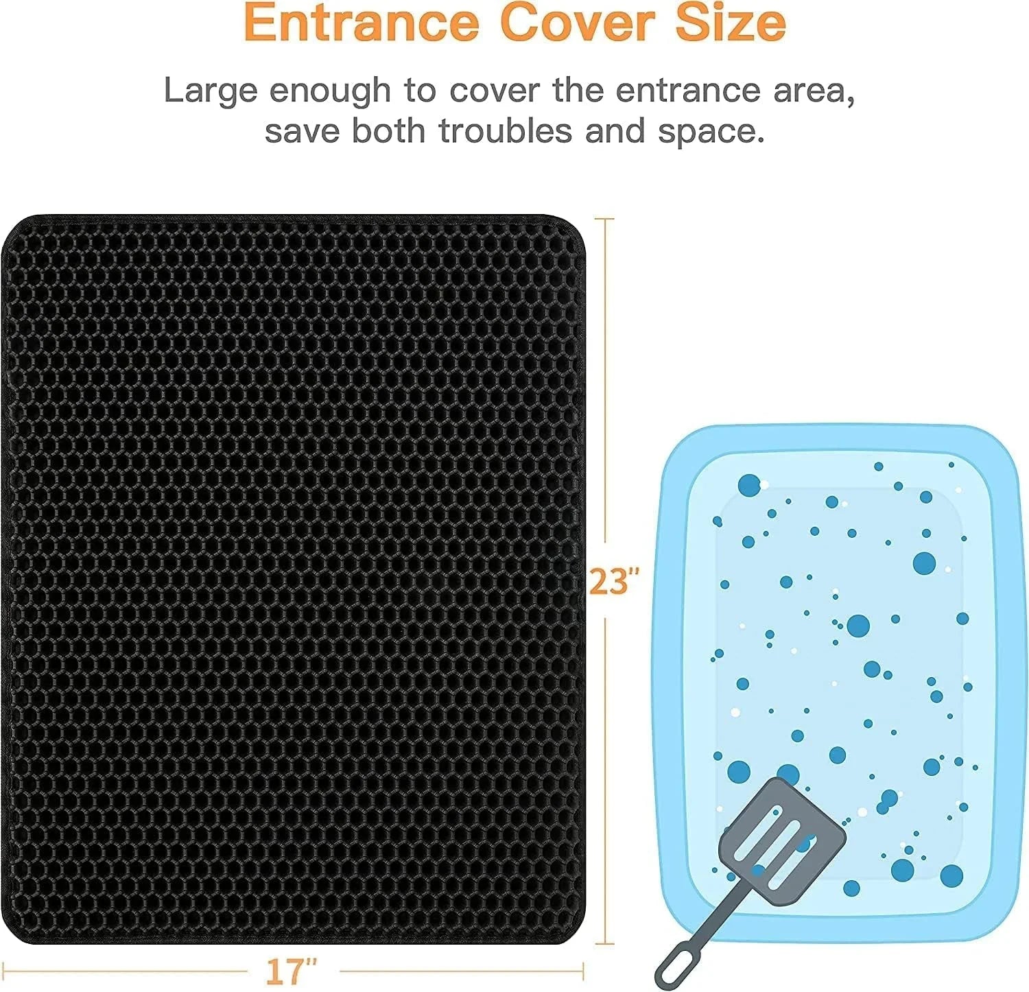 Black hexagonal mat and blue textured mat with spatula illustration, showing size comparison.