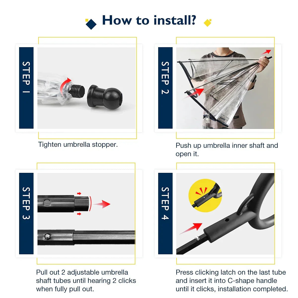 Step-by-step guide on how to install an umbrella with labeled steps and arrows.