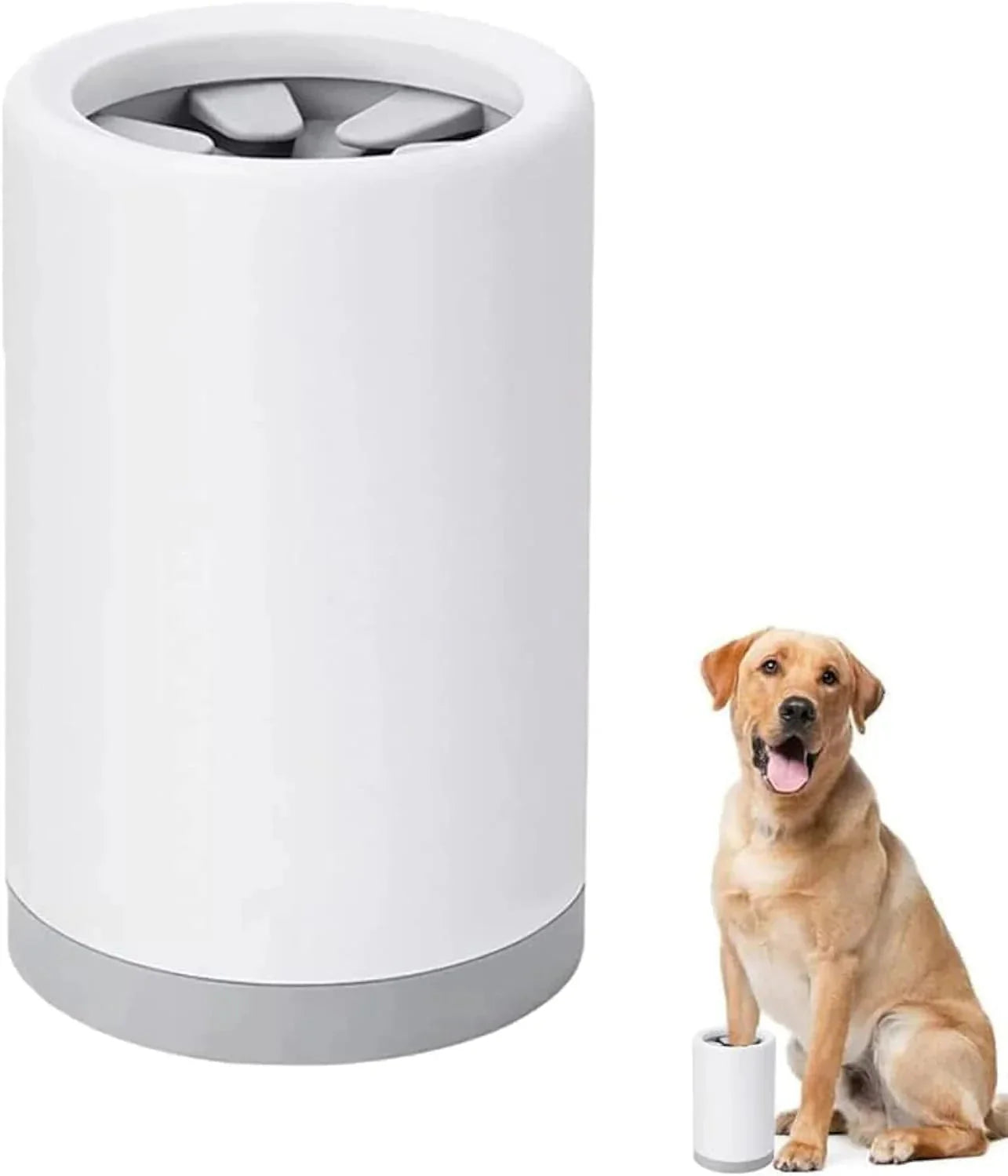 White pet water fountain with a dog sitting next to it on a white background