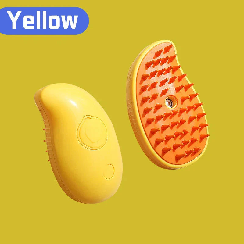 Yellow grooming tool with orange bristle side on a yellow background