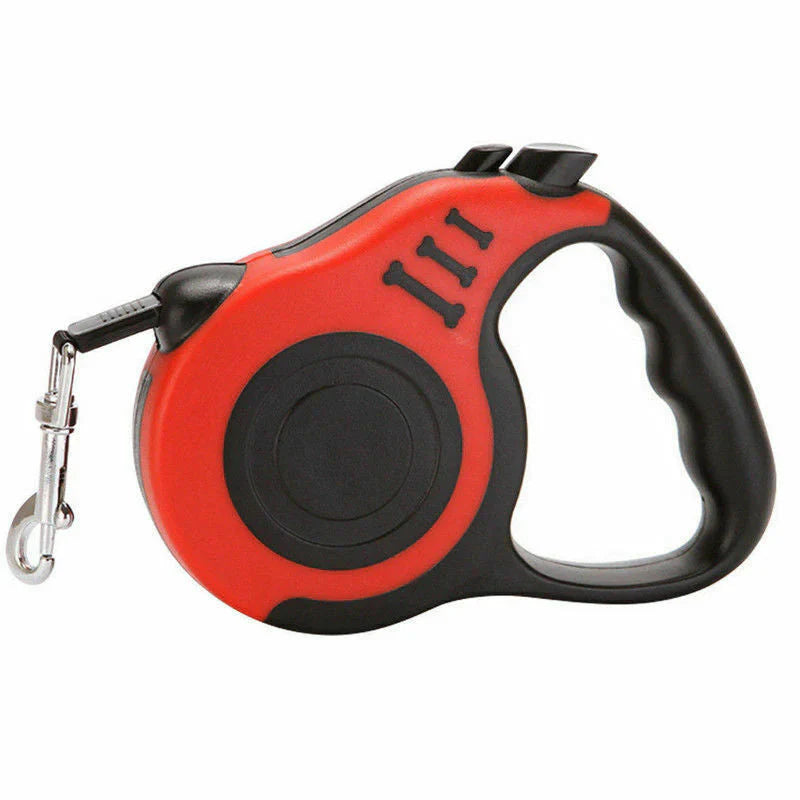 Red and black retractable dog leash on a white background