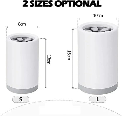 Two sizes of a cylindrical product with dimensions labeled on a white background.