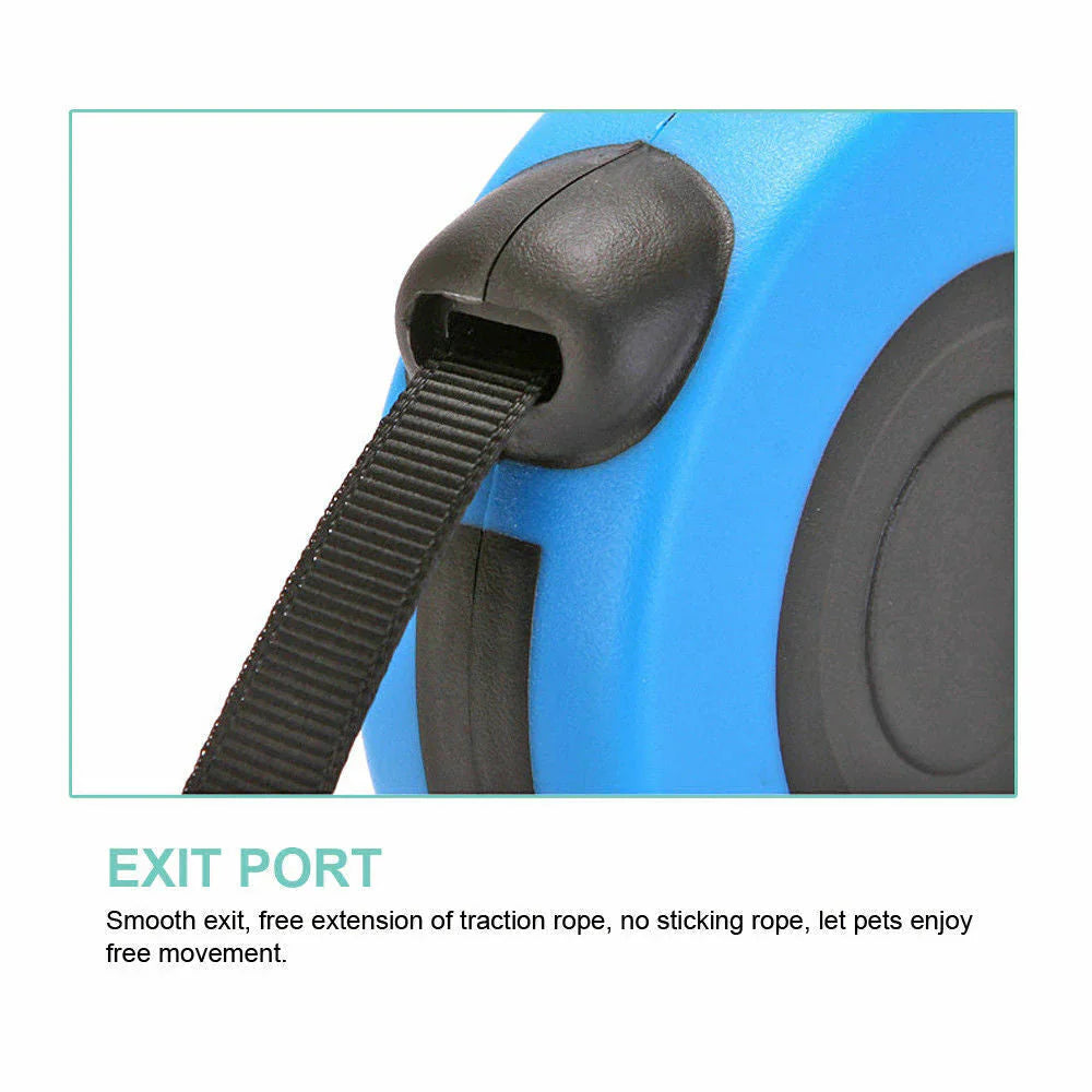 Close-up of a blue pet carrier with a black strap and exit port, featuring text about smooth extension of traction rope.