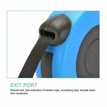 Close-up of a blue pet carrier with a black strap and exit port, featuring text about smooth extension of traction rope.