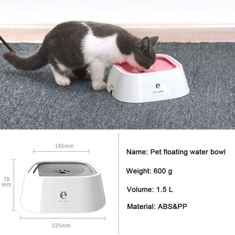 Cat drinking from a pet floating water bowl on a textured surface with product details below.