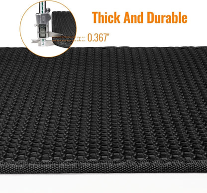 Black textured mat with measurement indicating thickness, on a white background