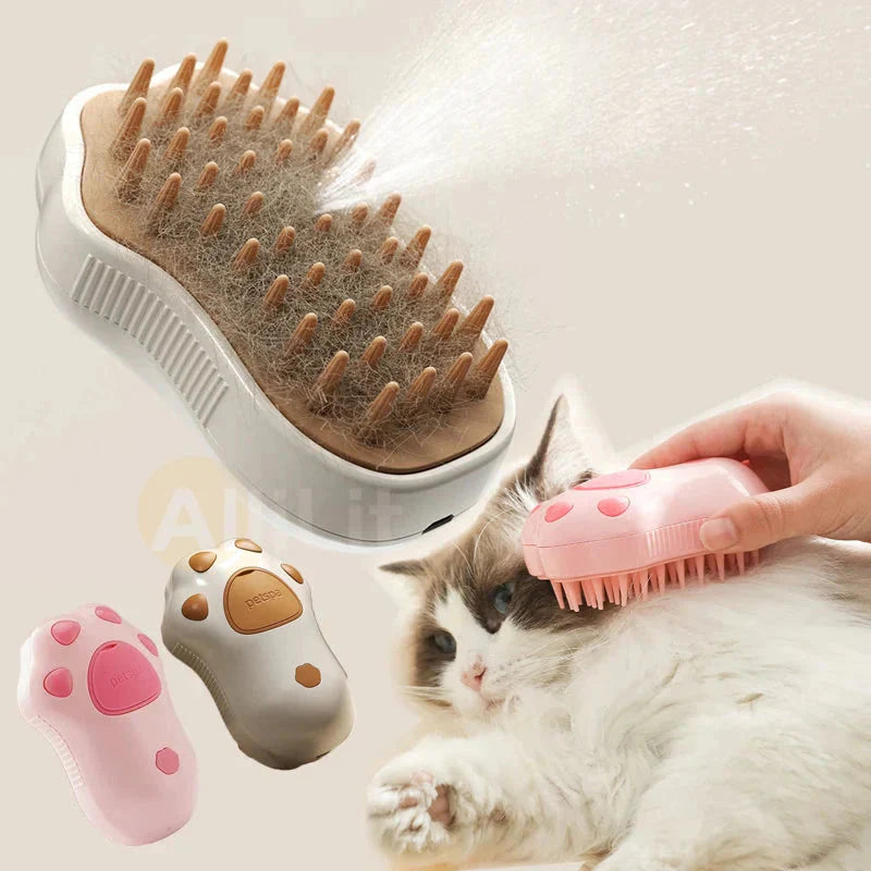 Pet grooming brush with a cat being groomed, showing fur on the brush.
