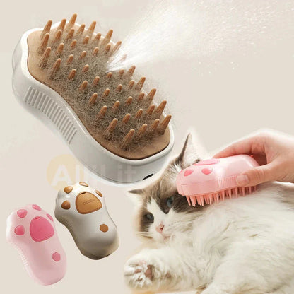 Pet grooming brush with a cat being groomed, showing fur on the brush.