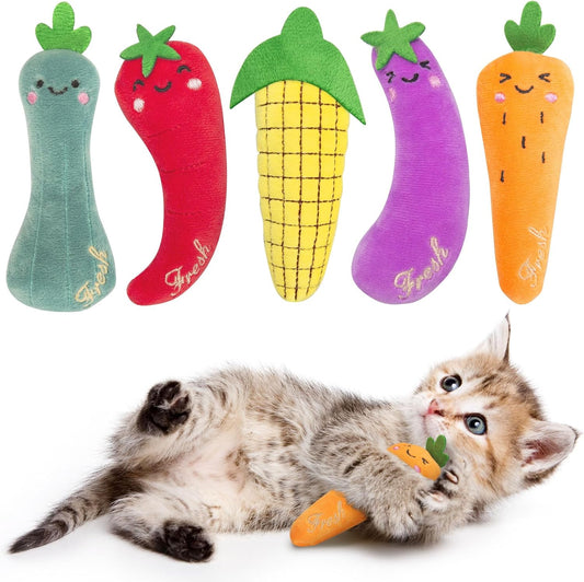 Catnip Cat Toys, 5 Pack, Plush Catnip Toys for Indoor Cats Kitten, Interactive Cat Nip Kitty Kicker Chew Safe Teeth Cleaning Toys, Fun Carrot Vegetable Shape
