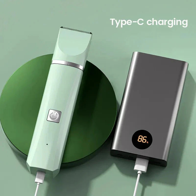 Green hair trimmer and power bank with Type-C charging on a green background