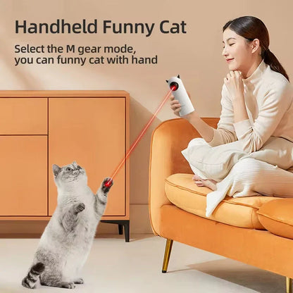 Woman sitting on an orange couch with a cat using a handheld device to play with it, with text about selecting M gear mode.