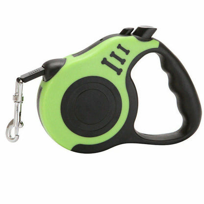 Green and black retractable dog leash on a white background