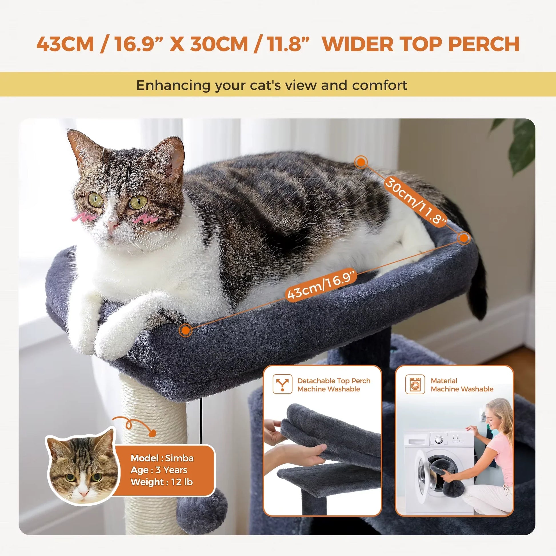 Cat sitting on a cat tree with a wider top perch, showing dimensions and benefits.