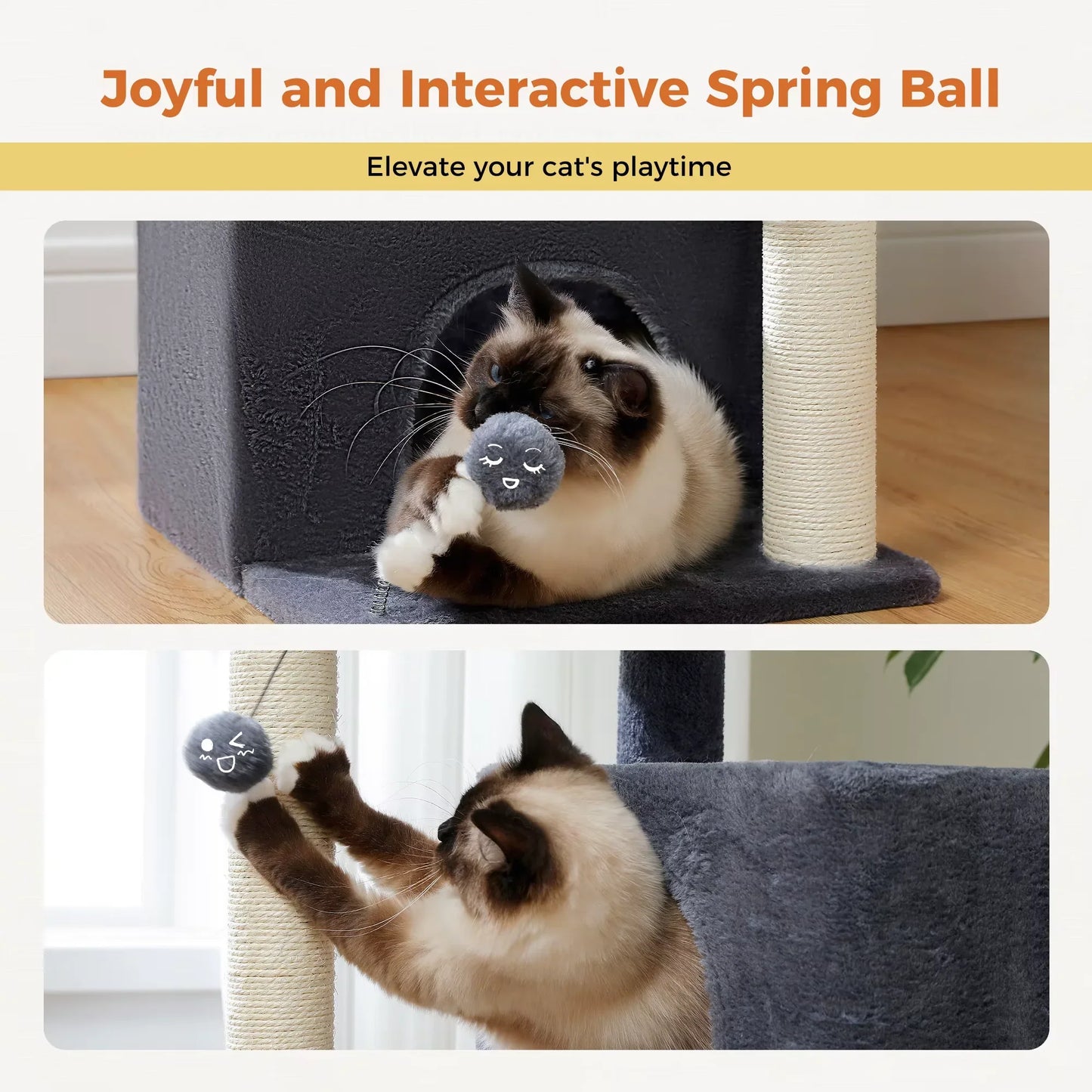 Cat playing with a toy and climbing a cat tree, with text 'Joyful and Interactive Spring Ball' above.