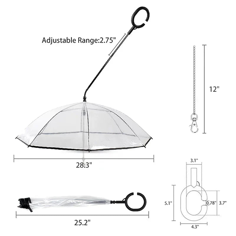 Measurement chart of an adjustable umbrella with dimensions labeled.