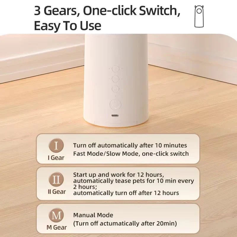 White electronic device on a wooden surface with text describing its features.