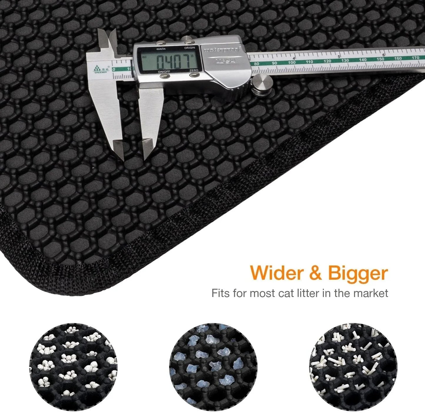 Black cat litter scoop with digital caliper on textured surface, showing product dimensions.