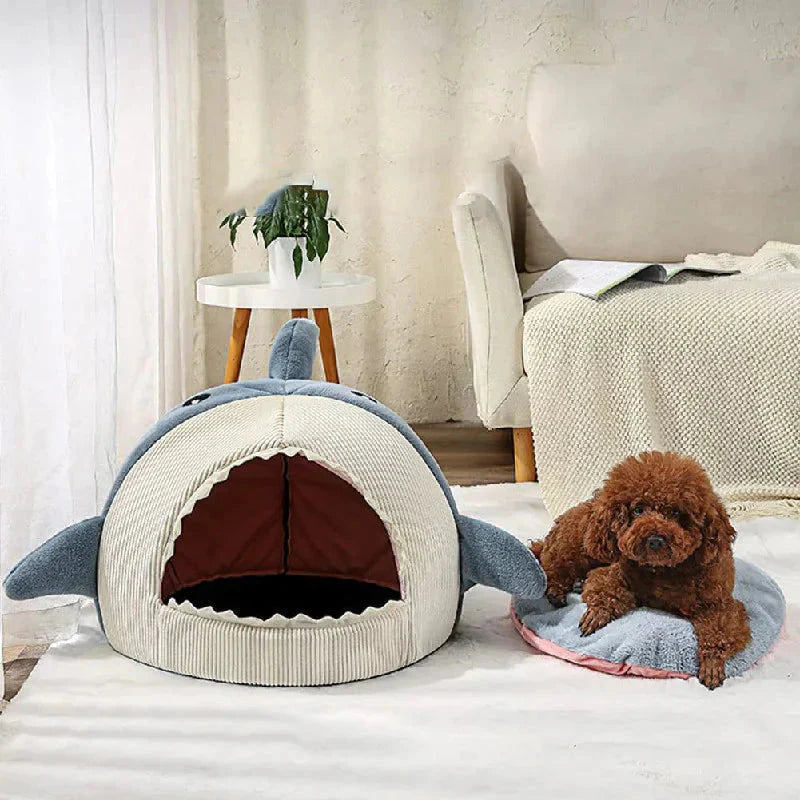 Dog lying on a shark-shaped pet bed in a cozy room.
