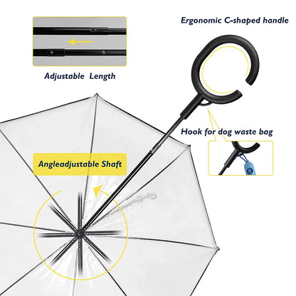 Transparent umbrella with labeled features on a white background