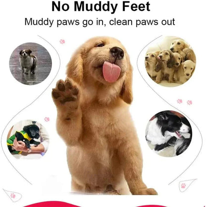 Dog with muddy paws showing the message 'No Muddy Feet' with images of dogs in different scenarios.