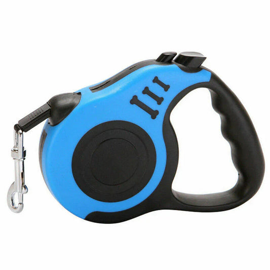 Blue and black retractable dog leash on a white background