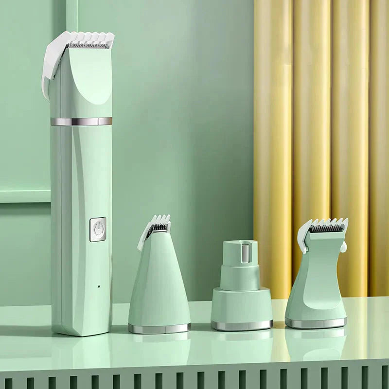 Set of green grooming tools on a reflective surface with a light green wall and yellow curtain in the background.
