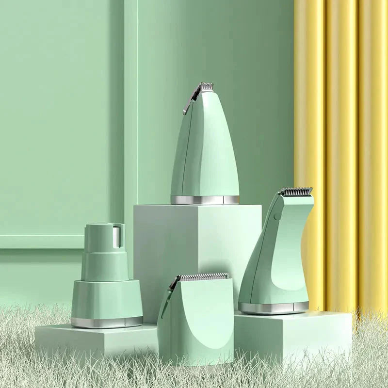 Set of green grooming tools on a grassy surface with a green and yellow background