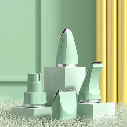 Set of green grooming tools on a grassy surface with a green and yellow background