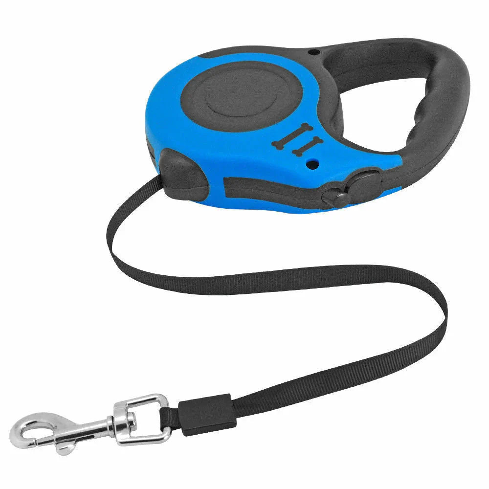 Blue and black retractable dog leash on a white background