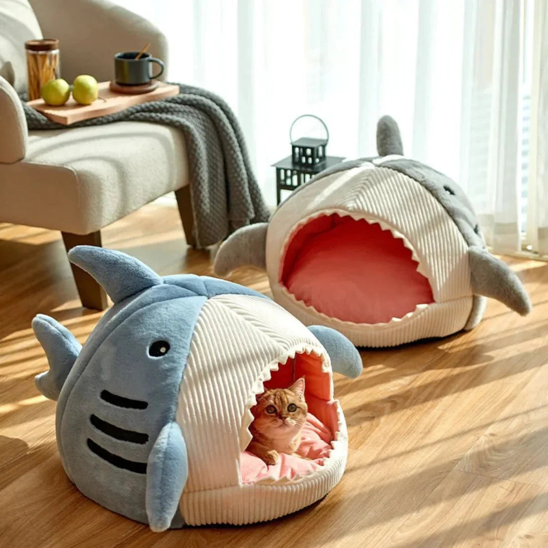 Two shark-shaped pet beds on a wooden floor with a cat inside one of them.