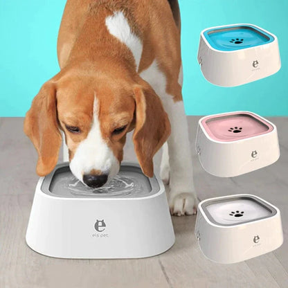 Dog drinking water from a pet bowl with additional bowls shown inset.