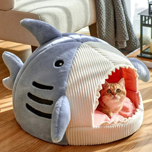 Cat inside a shark-shaped pet bed on a wooden floor.