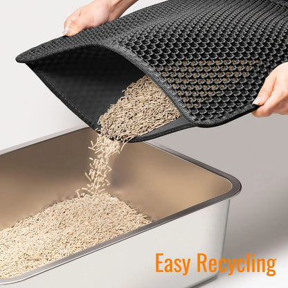 Cat litter scoop being used to empty cat litter into a container with 'Easy Recycling' text.