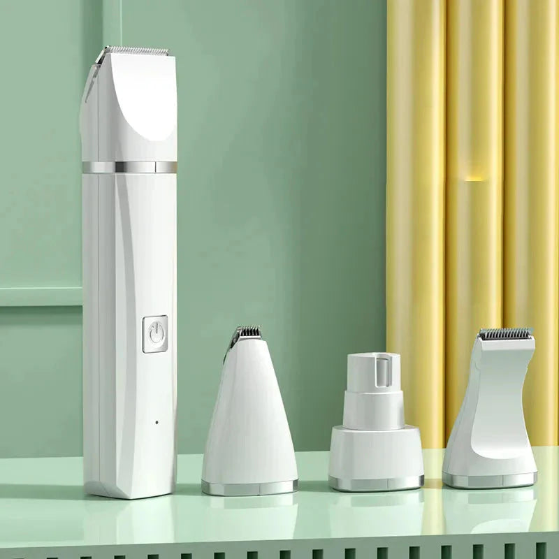 Set of white grooming tools on a reflective surface with a green and yellow curtain background
