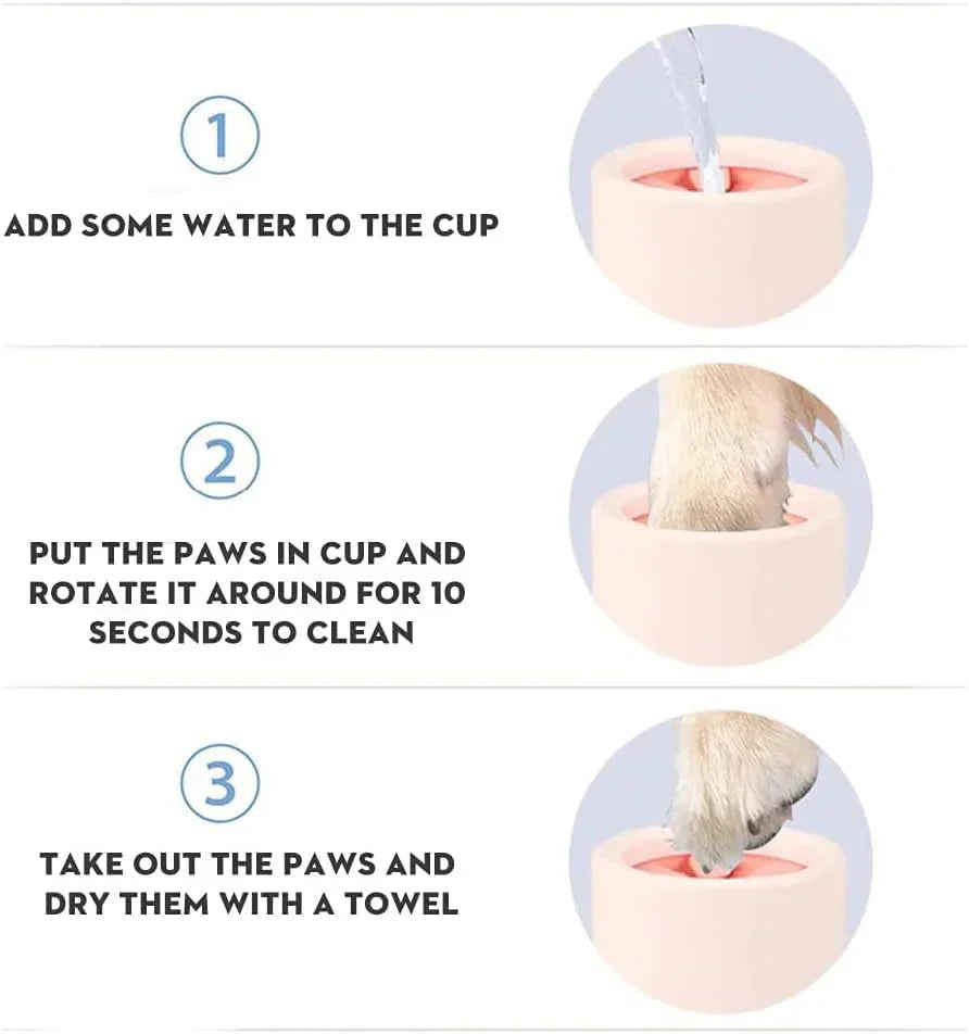 Instructions for using a paw cleaning cup with images of the product in use.